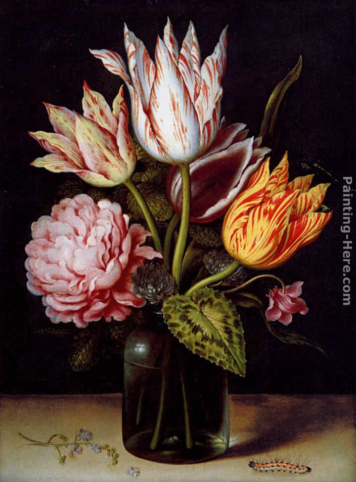 A Still Life With A Bouquet Of Tulips, A Rose, Clover And A Cylclamen In A Green Glass Bottle